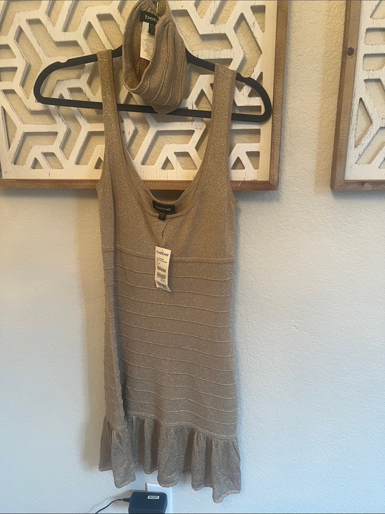 bebe Dresses & Skirts - bebe Sparkle Knit Tank Mini Dress in Gold